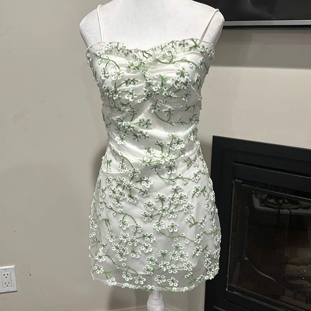 12th Tribe White and Green Floral Mini Dress